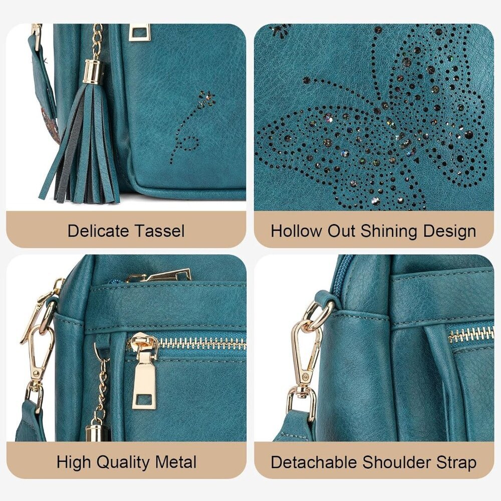 Women’s 07-peacock Blue Leather Purse Crossbody Bag Handbags Butterfly Design - Picture 5 of 6